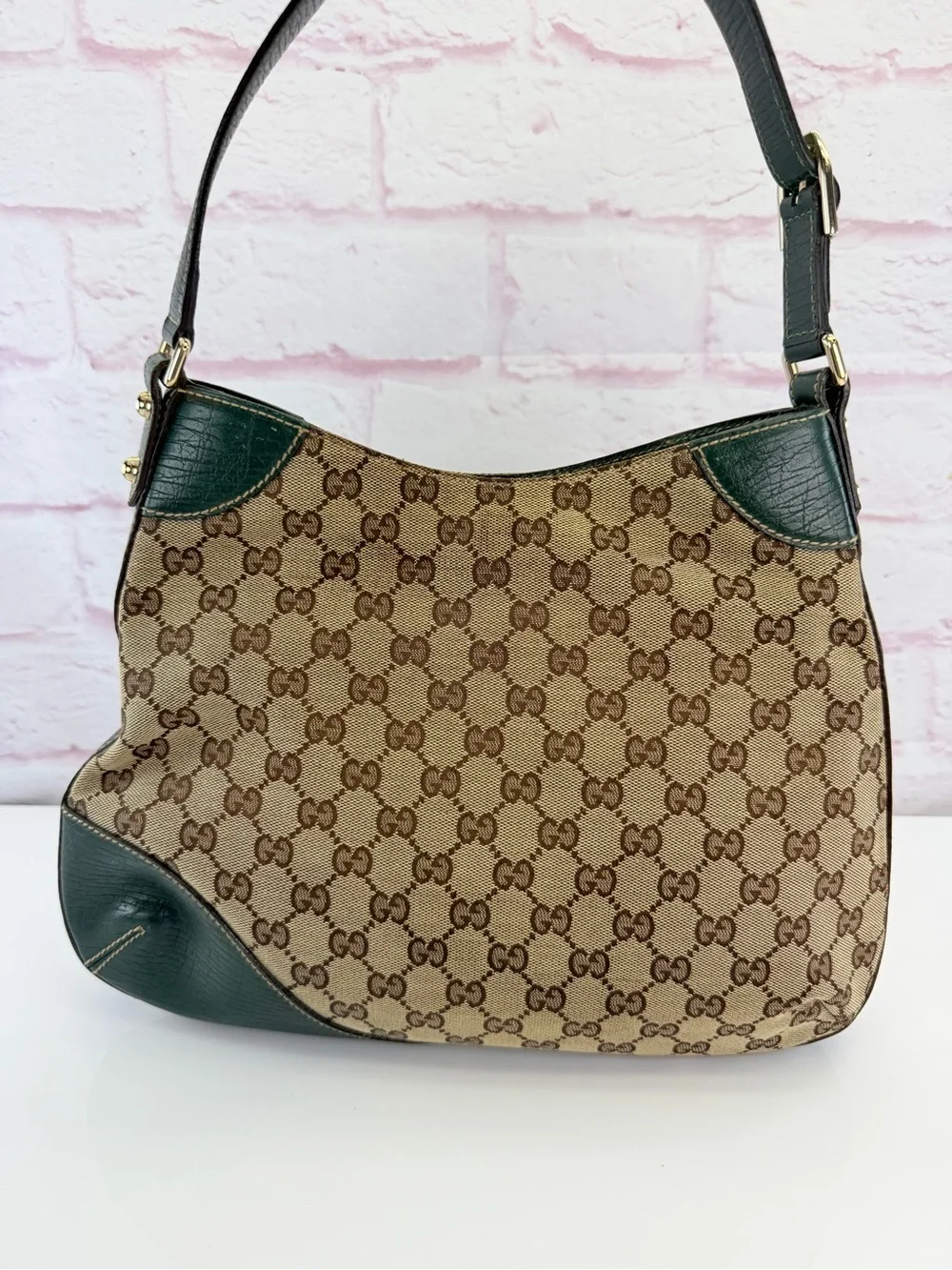 Gucci Beige/Ebony GG Canvas Green Leather Horsebit Hobo Bag